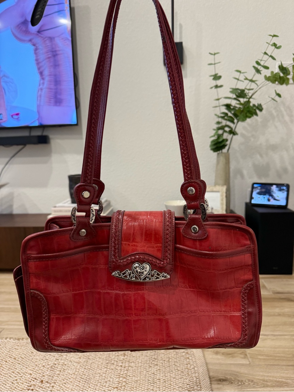 Red Women's Shoulder Bag - Elegant Croc-Embossed Design